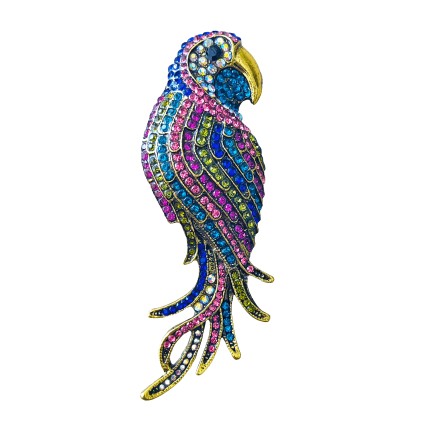 Colorful crystal parrot brooch with long tail on antique gold base – Divalya jewelry