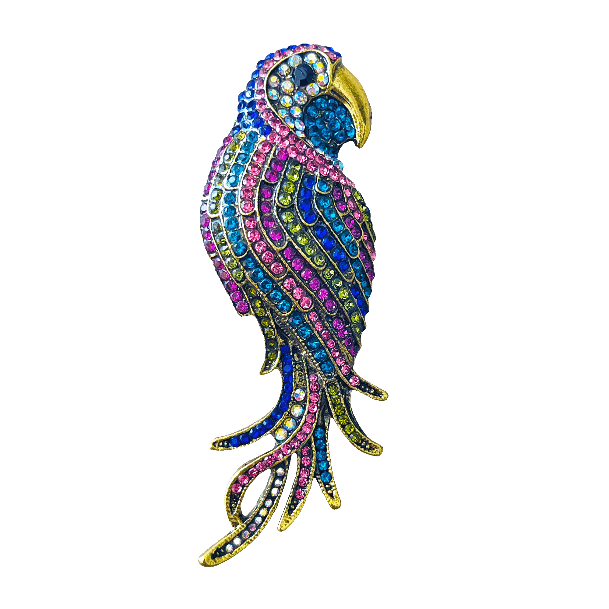 divalya-BR55-colorful-parrot-crystal-brooch-2000x2000 Colorful crystal parrot brooch with long tail on antique gold base – Divalya jewelry