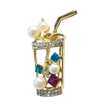 Gold cocktail glass brooch with colorful gems, pearls and straw – Divalya jewelry