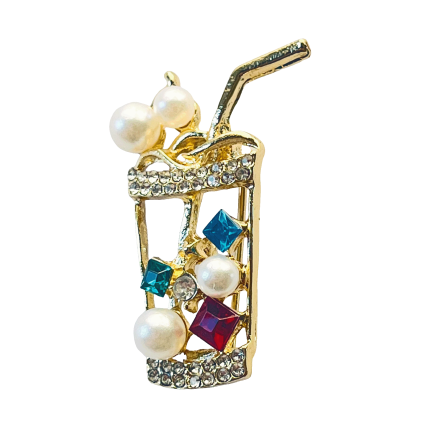 Gold cocktail glass brooch with colorful gems, pearls and straw – Divalya jewelry