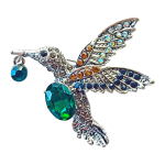 Silver hummingbird brooch with emerald green crystals and dangling charm – Divalya jewelry