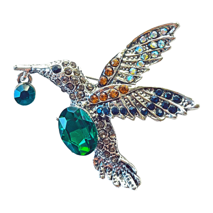 Silver hummingbird brooch with emerald green crystals and dangling charm – Divalya jewelry
