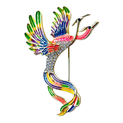 Rainbow phoenix bird brooch with multicolor enamel wings and crystal accents – Divalya jewelry