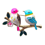 Pink and blue lovebirds enamel brooch sitting on a gold branch with green leaves and flower – Divalya jewelry
