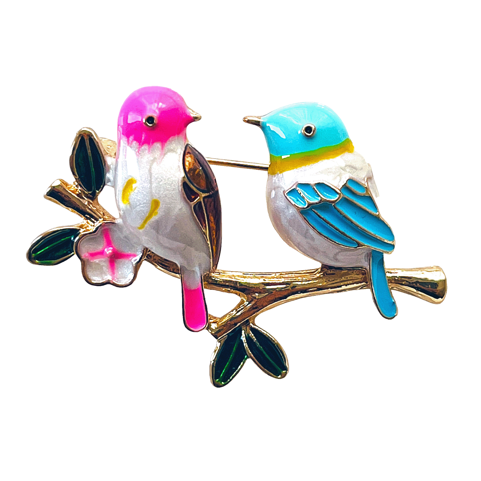 divalya-BR60-pink-blue-lovebirds-branch-brooch-2000x2000 Pink and blue lovebirds enamel brooch sitting on a gold branch with green leaves and flower – Divalya jewelry
