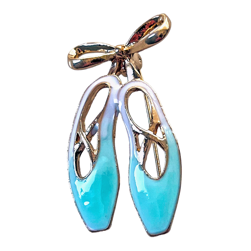 Aqua enamel ballet shoes brooch with gold bow – Divalya jewelry