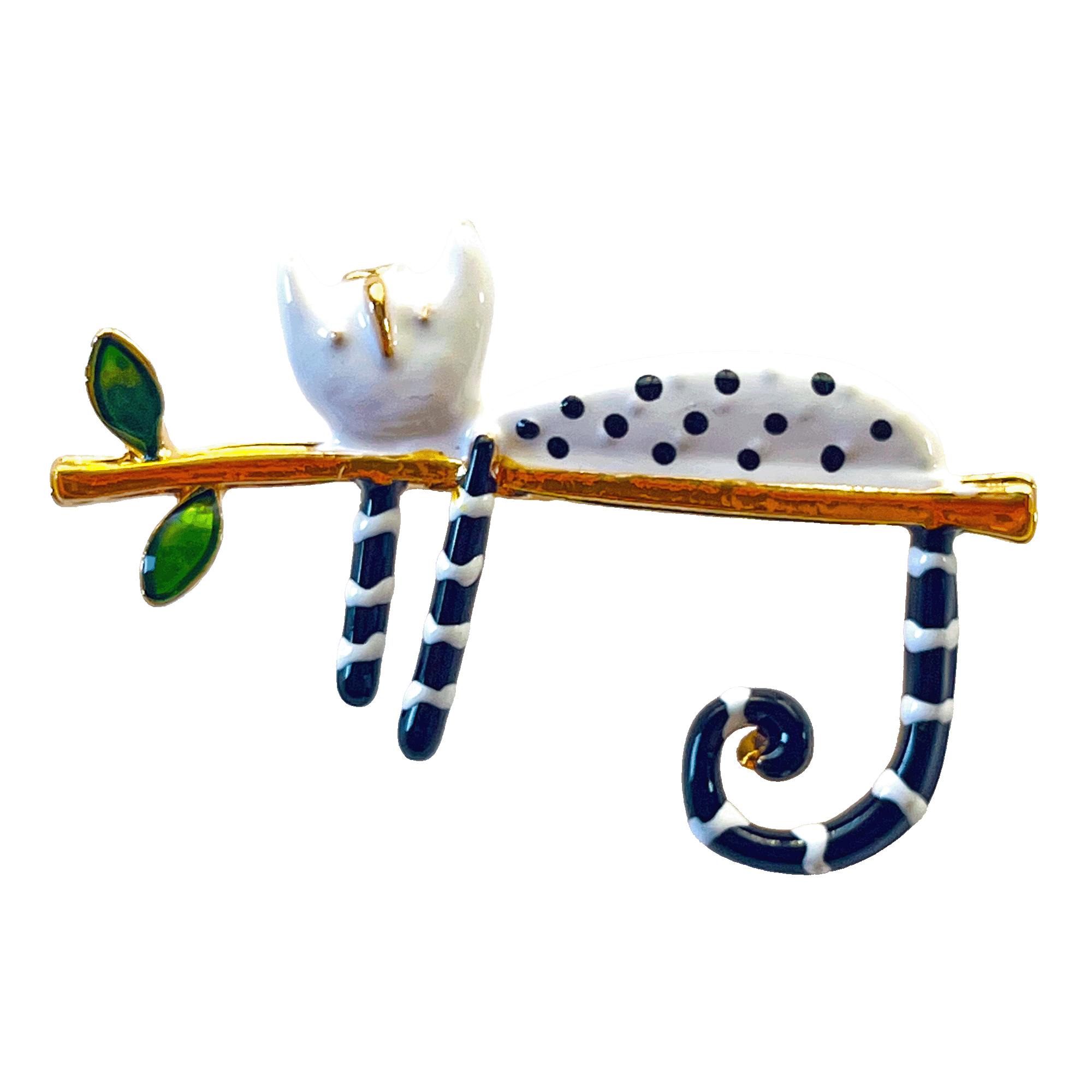 divalya-BR63-white-cat-on-branch-brooch-2000x2000 White enamel cat with polka dots sitting on a gold branch brooch – Divalya jewelry