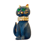 Black cat brooch with green crystal eyes and rhinestone collar – Divalya