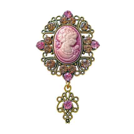 Vintage pink cameo brooch with baroque gold filigree and crystals – Divalya