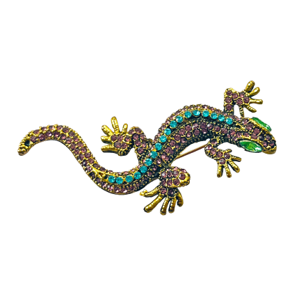 Colorful crystal lizard brooch with green eyes on gold base – Divalya