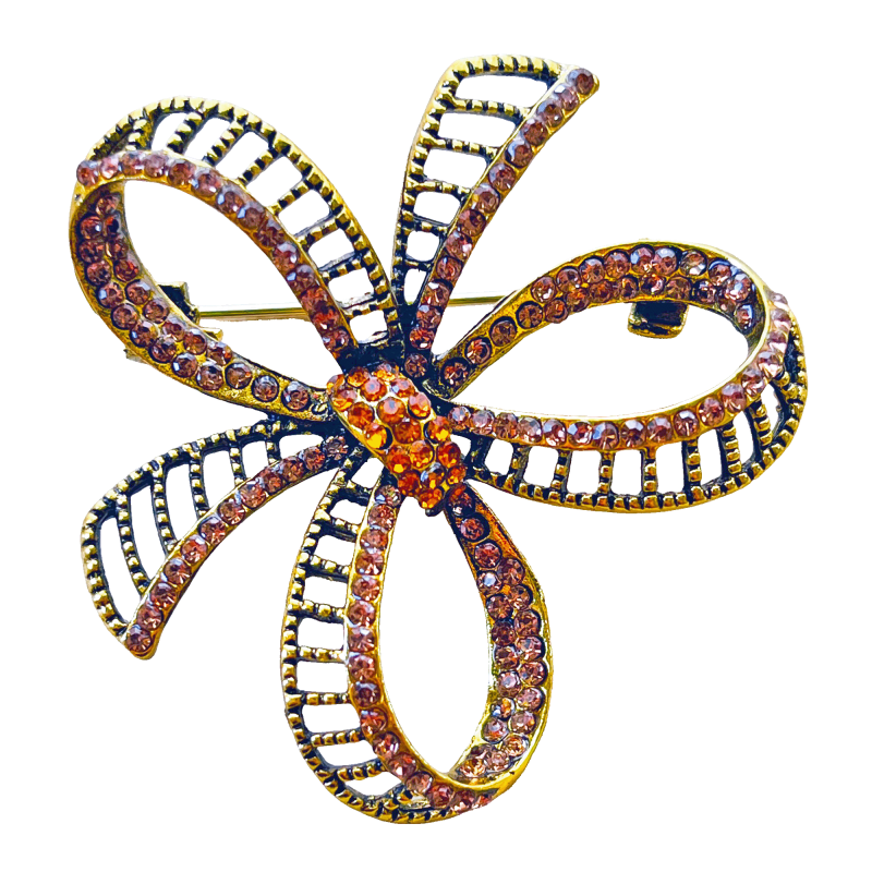 Vintage pink crystal ribbon bow brooch in antique gold tone – Divalya