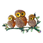 Three owl crystal family brooch on green branch in gold tone – Divalya