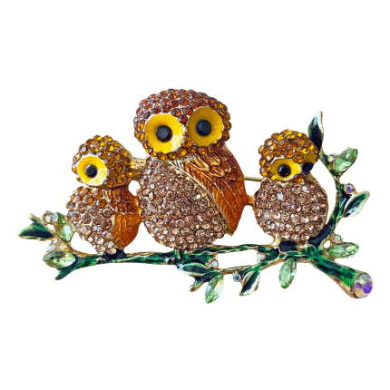 Three owl crystal family brooch on green branch in gold tone – Divalya