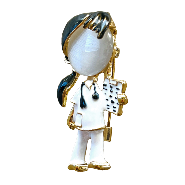 Black-haired nurse enamel brooch with white scrubs, stethoscope and clipboard – Divalya jewelry
