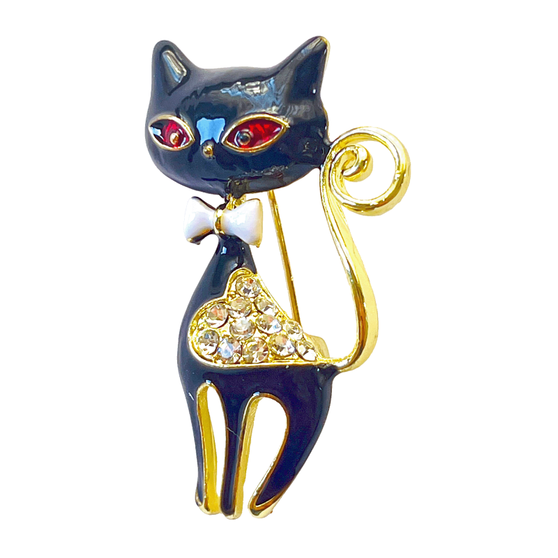 Black cat brooch with red eyes, white bow and crystal heart – Divalya jewelry