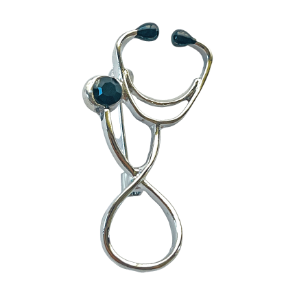 Silver infinity stethoscope brooch with dark crystal – Divalya
