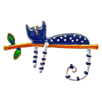 Black cat on golden branch brooch with striped tail – Divalya