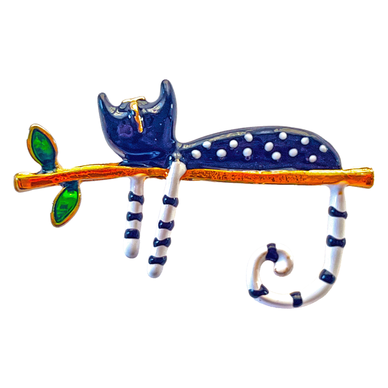 Black cat on golden branch brooch with striped tail – Divalya