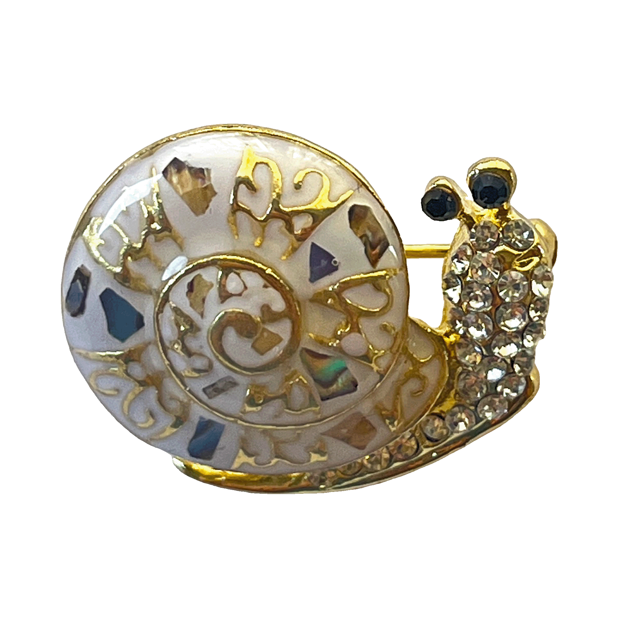 divalya-BR81-white-mosaic-snail-crystal-brooch-2000x2000 White mosaic snail brooch with gold filigree and crystals – Divalya