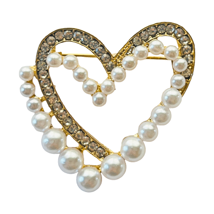 Gold open heart brooch with white pearls and clear crystals – Divalya jewelry